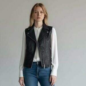 Theory Genuine Leather Black Silver Zipper Biker Moto Vest